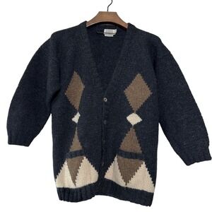 BASCO All American Sportswear Hand Knit Wool Sweater Black‎ Argyle 80's Small